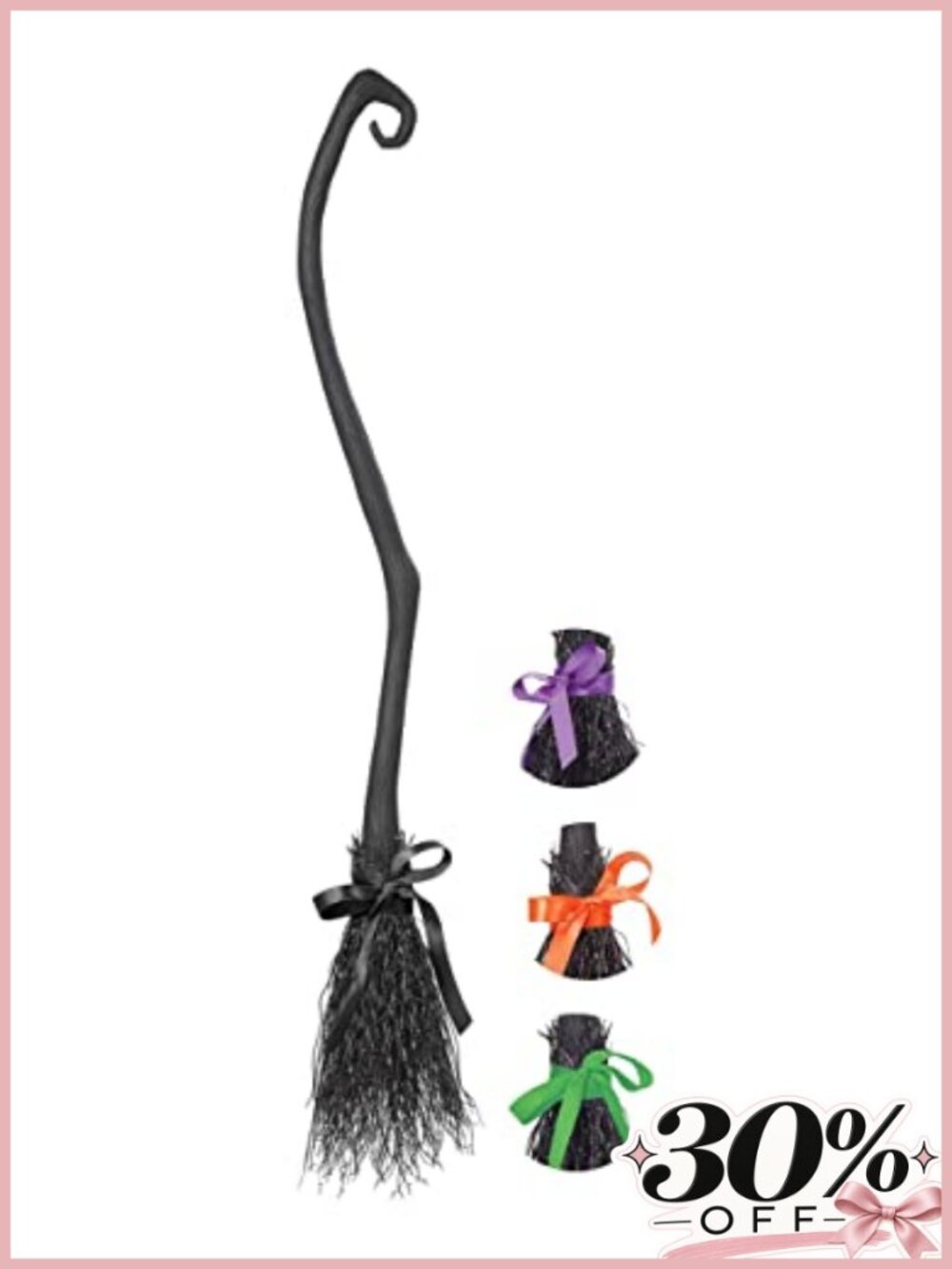 Witch Broom Costume Accessory 4-Piece Screw-Together with Ribbons